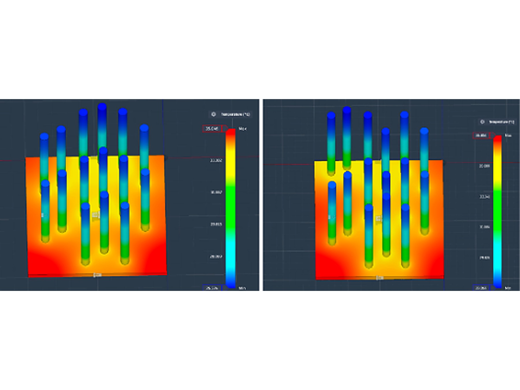 Fusion 360 thermal-gradient simulation of the V-pattern.